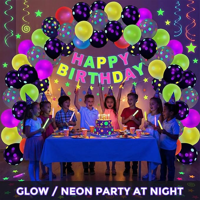 LovesTown 66PCS Glow Party Assortment, UV Neon 12" Fluorescent Latex Decorations with Dots for Birthday, Wedding & Party Supplies (Pack of 2)