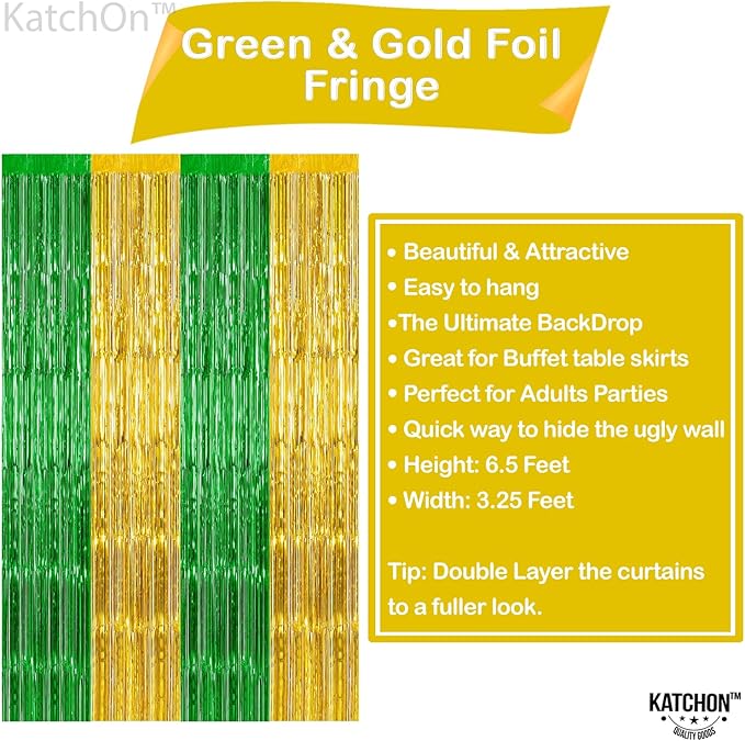 KatchOn, Green and Gold Foil Fringe Curtains - 6.5x6.5 Feet | St Patricks Day Backdrop for St Patricks Day Decorations | St Patrick's Backdrop, St. Patrick's Day Decorations