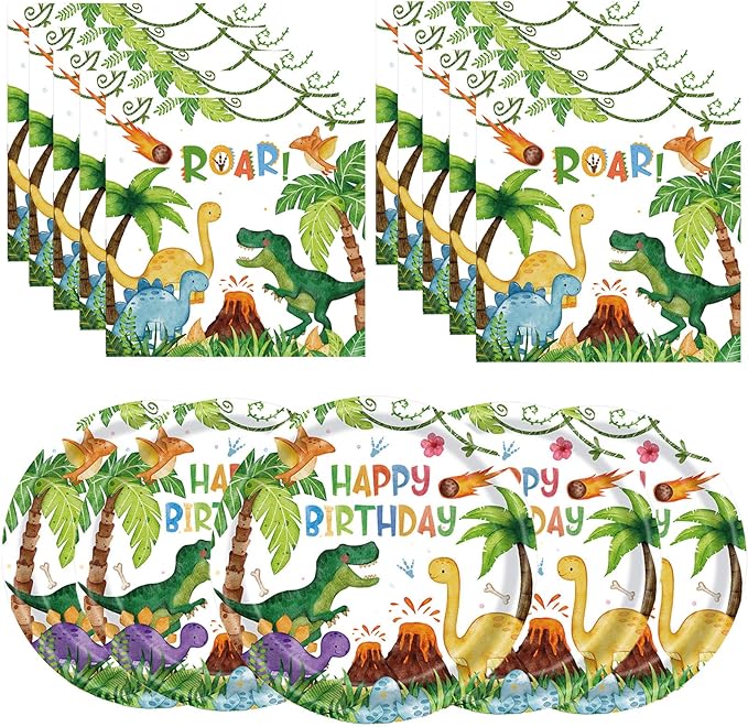 40 Pcs Dinosaur Plates and Napkins, Watercolor Dinosaur Birthday Party Supplies, Theme Party Decoration, for Boys Kids