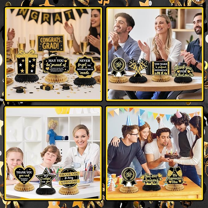 12 Pcs Thank You Decorations Honeycomb Centerpiece Employee Appreciation Decor We Appreciate You Table Decorations Thank Table Topper for Doctor Employee Party Supplies(Gold and Black)