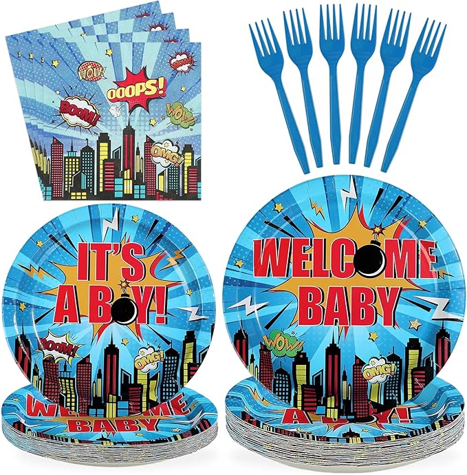 96Pcs Super Theme Hero Baby Shower Party Decoration Hero City Buildings Plates and Napkins Blue Welcome Baby Disposable Tableware Set for Boys Baby Shower Birthday Party Supplies Serves 24