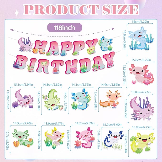 Axolotl Birthday Decorations Include Colorful Axolotl Happy Birthday Banners Hanging Swirls Honeycomb Centerpiece Reptile Animals Axolotl Theme Bday Party Supplies