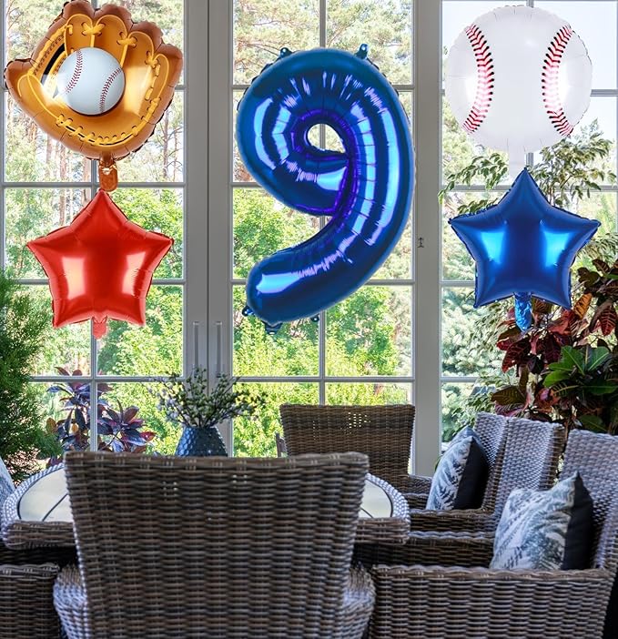 Baseball Balloons 9th Birthday Decorations for Boys | Baseball Birthday Decoration Sports Theme Party Supplies, 32Inch Foil Mylar Number 9 Balloon Navy Blue Red White Sports Balloon Arch Kits