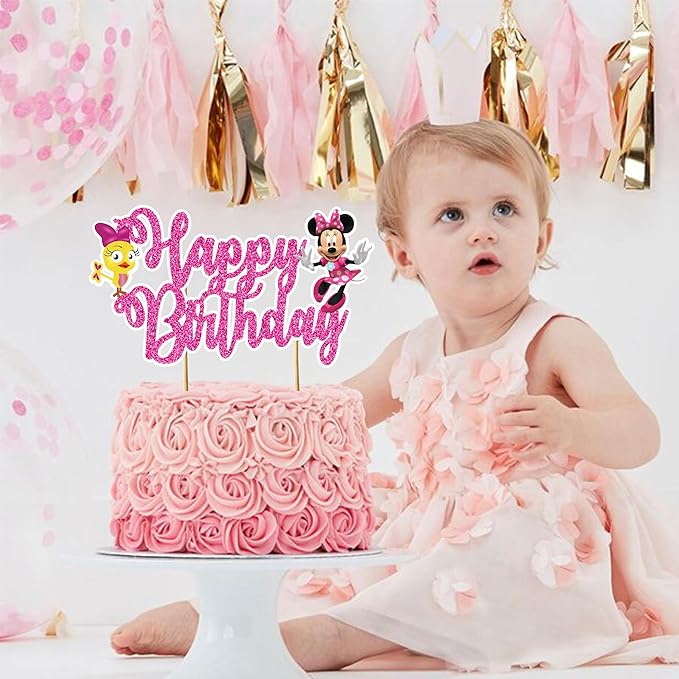 "Minie Mouse Happy Birthday Cake Topper – Cartoon Theme Cake Decoration for Girls – Pink and Cute Minie Cake Topper for Shower, Birthday Party, Family Celebrations & Cartoon Fan Events"