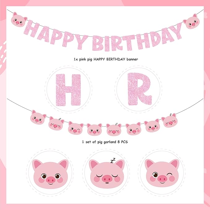 Pink Pig Happy Birthday Banner Pig Birthday Party Supplies for Girl Pig Garland Pig Theme Bday Decoration Piggy Party Supplies
