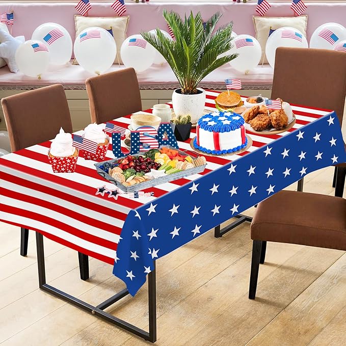 2 Pack 4th of July Tablecloth - Patriotic American Flag Table Cloth, Plastic Disposable Rectangle USA Star Stripe Table Cover for Memorial day, Fourth of July Independence Day Decorations, 54" x 108"