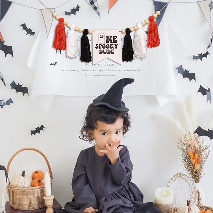 Halloween One Spooky Dude High Chair Banner - Little Ghost Baby 1st Birthday Party Decoration Supplies, Halloween Themed Spooky Tassels Garland, Boo Ghost Sign Birthday Party Backdrop Decoration Banner
