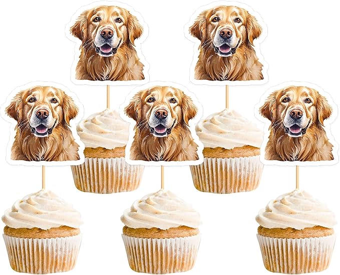 Ercadio 24 Pcs Pet Dog Puppy Cupcake Toppers Dog Themed Birthday Party Supplies Cute Golden Retriever Puppy Birthday Party Baby Shower Party Cake Decorations