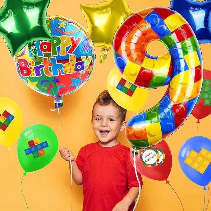 40 Inch Building Block Number Balloon, Colorful Number Block Foil Balloons Large Big Numbers Helium Balloon for Girls Boys 9th Birthday Brick Theme Party Decorations (Number 9)