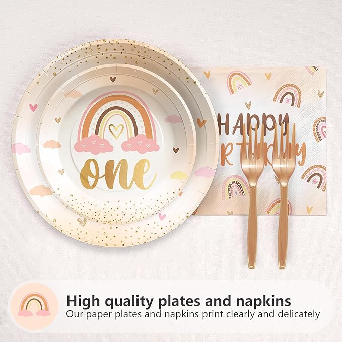 96Pcs Boho Rainbow 1st Birthday Decorations Isn't She Onederful Plates and Napkins Tableware Set Boho First Birthday Party Supplies for Onederful 1st Birthday Girl One Year Old Birthday Decor Serves24
