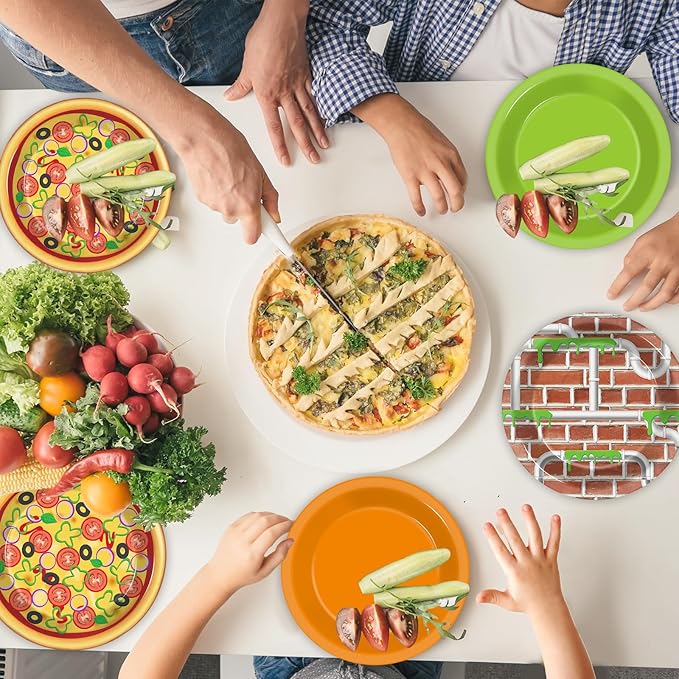 CHUNNIN 48 PCS Turtle Paper Plates Pizza Green Turtle Birthday Party Decorations Disposable Dessert Plates for Video Game Cartoon Themed Birthday Party Supplies