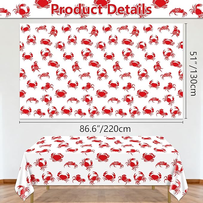 4 Pack Crab Tablecloths Plastic Red Lobster Crab Boil Table Cover for Birthday Party Decorations Seafood Festivals Potluck Barbecue Supplies, 87 x 51 inches