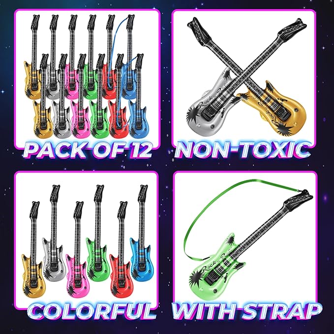 Inflatable Guitars With Strap - (pack Of 12) 36-inch Colorful Blow Up Guitar, Party Favors, DJ-props, Photo-booth, Birthdays, Rock Star, Rock And Roll Party Decorations, 80s 90s Party Supplies