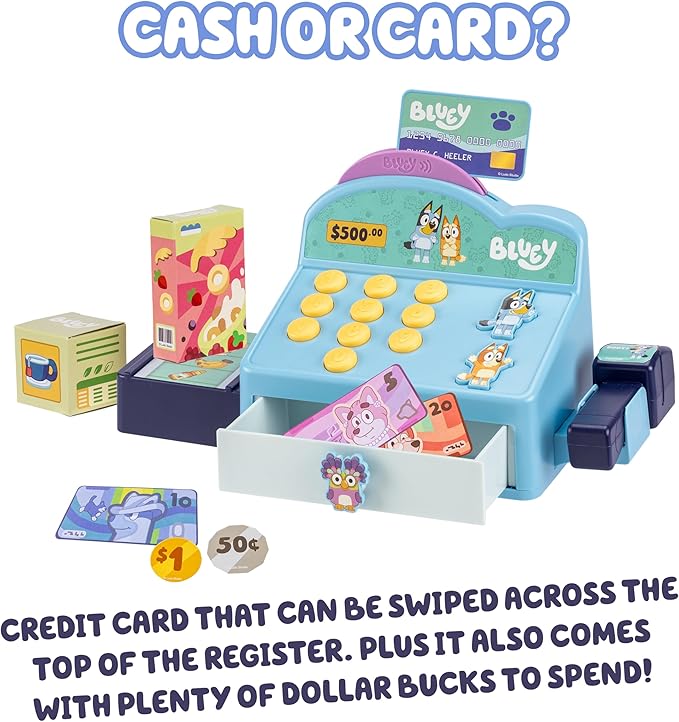 Bluey Cash Register Playset, Interactive Play Register with Detachable Scanner, Toy Credit Card, and Dollar Bucks, Shopping Toys for Kids Ages 3+