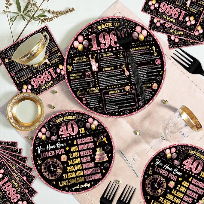 96Pcs 40th Birthday Decorations Women Tableware Set Rose Gold Back in 1986 Paper Plates Napkins Forks Cheers to 40 Years Disposable Tableware Decor for 40th Bday Theme Party Favor Serve 24 Guests