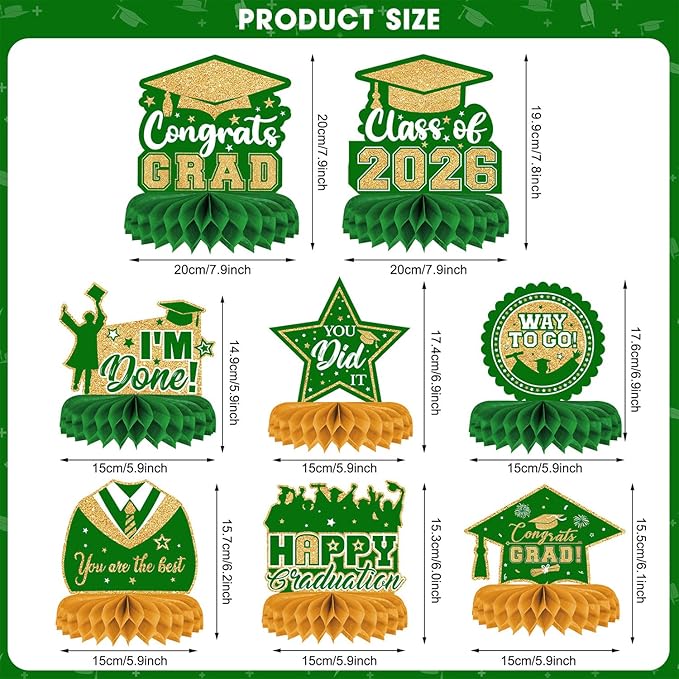 8 Pieces Class of 2026 Graduation Table Decorations - 2026 Congrats Grad Honeycomb Centerpieces, Green and Gold Table Toppers Decor for 2026 Graduation Party Decorations Favor Supplies