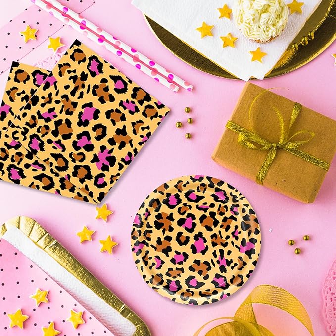 40 PCS Pink Cheetah Print Birthday Decorations Disposable Safari Animal Leopard Theme Tableware Set includes Cheetah Plates and Napkins for Leopard Wild Theme Party Supplies Serves 20 Guests