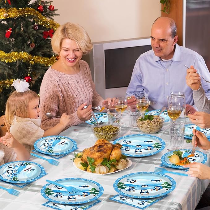 gisgfim 96PCS Penguin Plates and Napkins Party Supplies, Winter Penguin Party Decorations, Favors for Christmas, Holiday & Dinner, Serves 24 Guests