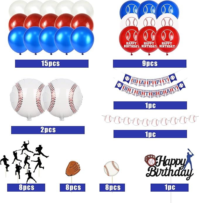 53 PCS Baseball Party Decorations Baseball Party Supplies Including Happy Birthday Banner Balloons and Baseball cake toppers for Sports Theme Birthday Party and Baseball Theme Party Decor