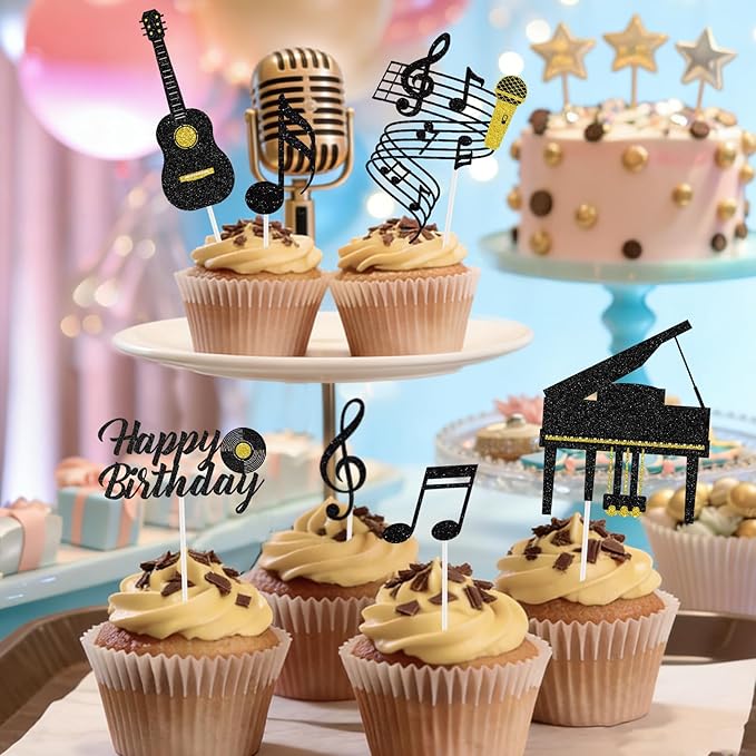 Hooqict 10Pcs Music Cake Decorations Set with Piano, Guitar, Music Notes, Happy Birthday Cake Toppers & Cupcake Toppers for Musician Birthday Party Decorations Supplies