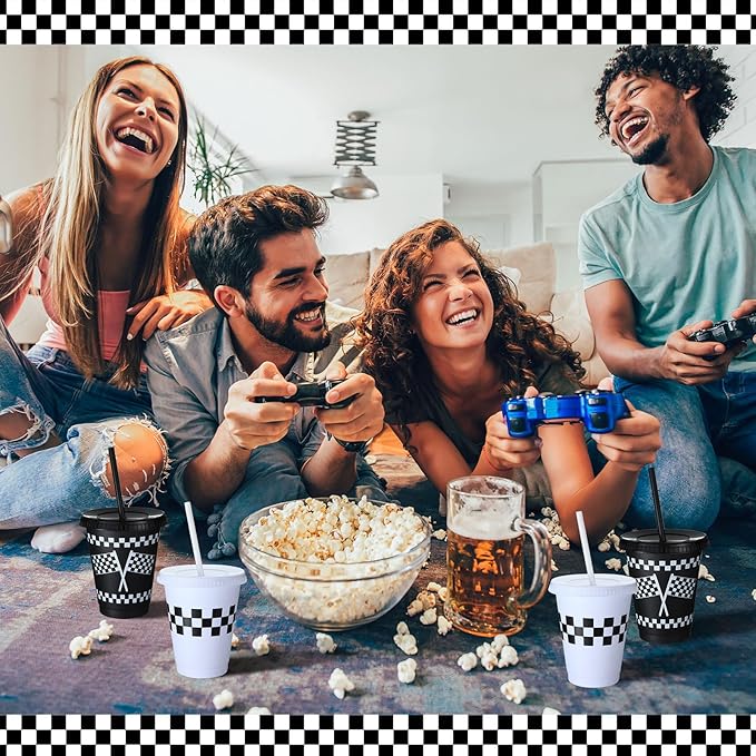 Sieral 30 Pcs Checkered Cups with Straws and Lids 16 oz Race Car Cups White Black Checkered Flag Plastic Tumblers Reusable Iced Coffee Travel Mug for Racing Party Supplies Decorations