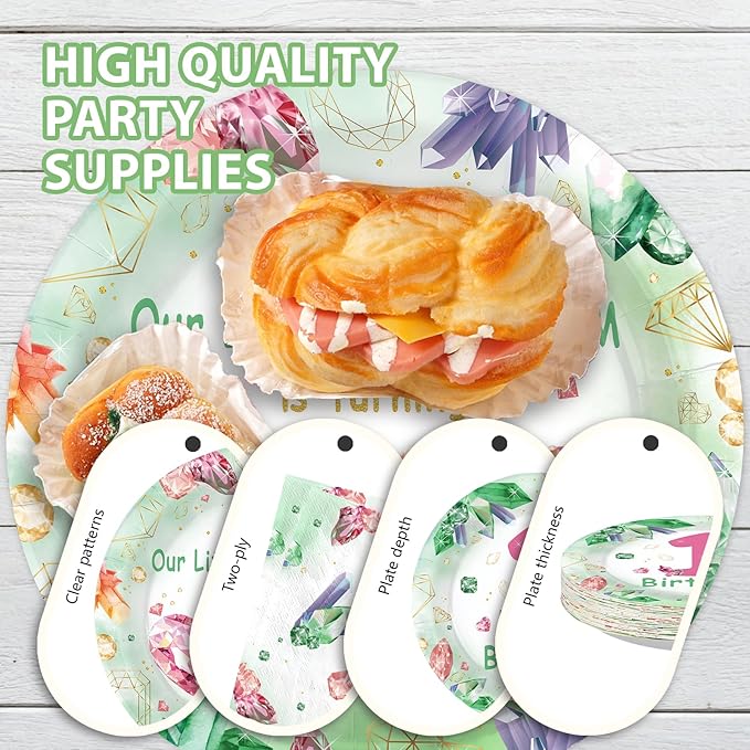 96Pcs 1st Birthday Party Supplies Gem Stone Plates and Napkins Our Little Precious Gem is Turning One Green Crystal Jewel Tableware Sets for 1st Birthday Girl Boy One Year Old Party Serve 24