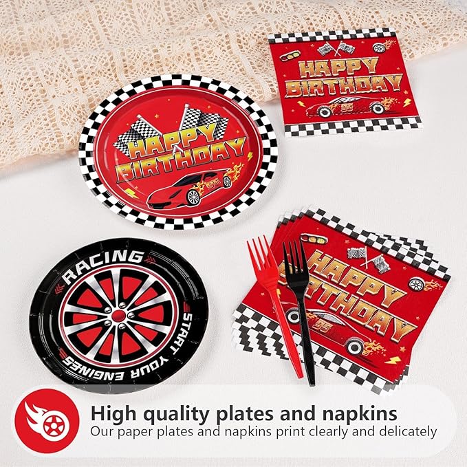 Grencian 96Pcs Red Race Car Happy Birthday Party Decorations Supplies Hot Car Plates and Napkins Racing Themed Checked Flag Tableware for Boys Transportation Birthday Party Decorations Serve 24