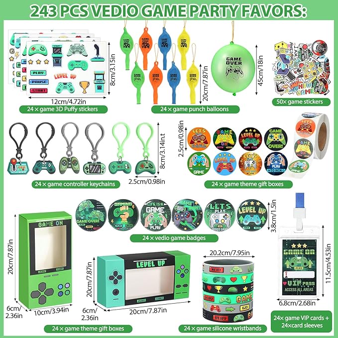 243 Pcs Video Game Party Favors for Kids Gamer Goodie Bag Stuffers Gaming Birthday Party Supplies with Gift Boxes, VIP Pass, Balloons, Bracelets, Keychains, Badges, 3D Stickers (Green)