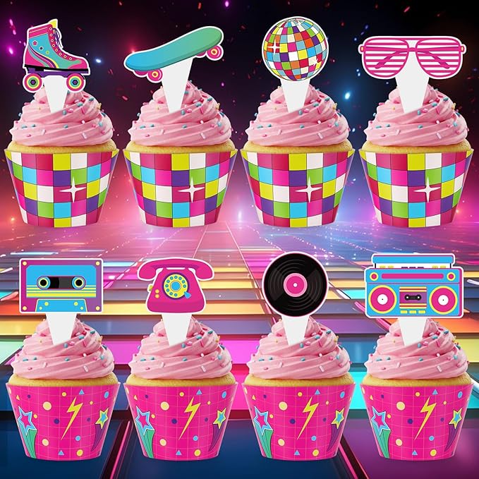 48 Pack Retro Cupcake Toppers and Wrappers, Retro Neon Party Cake Decoration for 80s 90s Theme Birthday Party Baby Shower Supplies