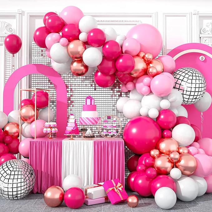 Pink Balloon Garland Arch Kit, Hot Pink Rose Gold White Balloons with Disco Ball Balloons for Girls Birthday Princess Party Background Wedding Baby Shower Decorations