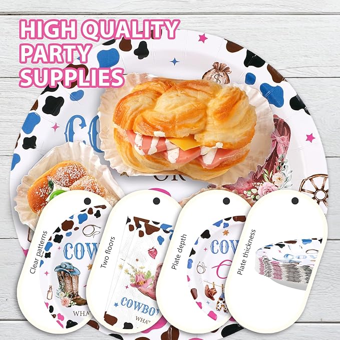 Grencian 96Pcs Western Gender Reveal Decorations Cowboy or Cowgirl Gender Reveal Plates and Napkins Boy or Girl Paper Tableware for Western Rodeo Cowboy or Cowgirl Baby Shower Decorations, Serves 24