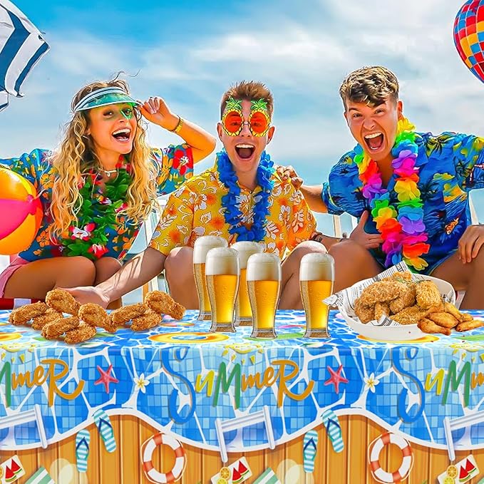 3 Pieces Pool Party Plastic Tablecloths, 54 * 108 Inch Summer Beach Table Covers, Hawaiian Beach Theme Table Cloth for Pool Party Decorations