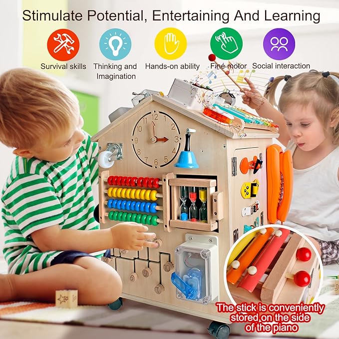 SHIERDU Montessori Wooden Busy House Basic Life Skills and fine Motor Training for Children, pre-School Education and Learning Busy Board, Sensory Game Toys, Large Gifts for Boys and Girls