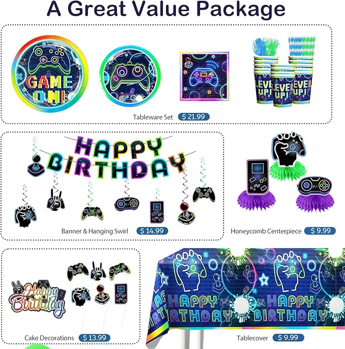 174 Pcs Gamer Birthday Party Decorations Tableware Set with 300gsm Plates and Napkins, Serves 25, 2 Tablecloths, Banner, Cake Toppers, for Boys Video Game Birthday Decorations, Multicolor