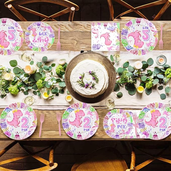 80 Pcs Watercolor Dinosaur 2nd Birthday Decorations 2 Rex Pink Dino Birthday Tableware Includes Plates, Forks, Napkins for Girls Roar I'm 2 Dinosaur Two Year Old Birthday Party Supplies Favors