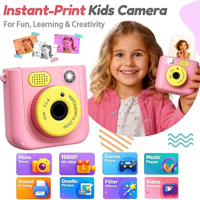 Instant Camera for Kids, Digital Print Camera 48MP 1080P, Color & B&W Printing, 2.4" Display, USB-C Rechargeable, 32GB Card, Christmas & Birthday Gifts for 3-12 Year Old Girls Boys (Pink)
