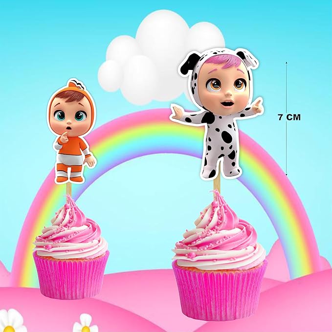"Cri Babes Cupcake Topper – Cute Cartoon Baby Doll Theme Birthday Party Cupcake Picks – Adorable Cupcake Decorations for Birthday Celebrations, Baby Showers, and Themed Party Dessert Tables"
