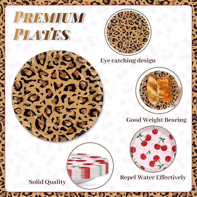 96Pcs Leopard Birthday Party Decorations Paper Red and Black Plates and Napkins Themed Cherry Cheetah Print Dinnerware Tablewares for Women Girls Bachelorette Party Supplies Serve 24 Guest