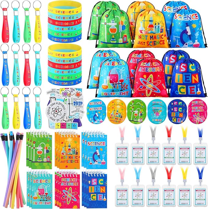 Zhanmai 140 Pcs Science Party Favors Include 12 Keychain 18 Mini Notebooks 50 Science Stickers 12 Bracelets 12 Science Name Badge 12 Drawstring Bags 12 Bendable Pencils 12 Button Pins for Kids Party