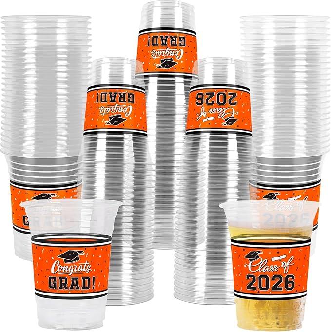 Gatherfun Class of 2026 Celebration - 100 Pcs 16oz Orange Graduation Plastic Cups for Sturdy & Durable Drinkware for Grad Festivities | Essential Graduation Party Supplies & Decorations