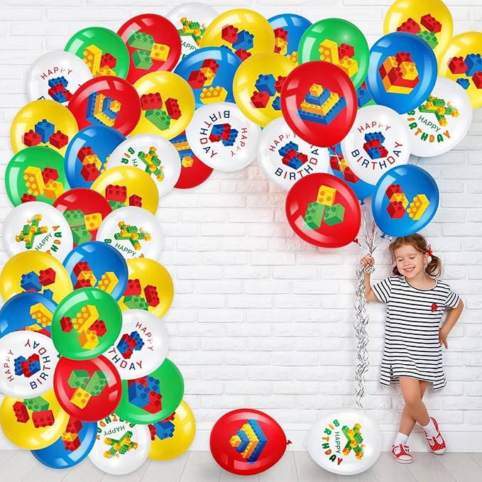 60 Pieces Building Blocks Birthday Party Balloons,brick Themed Latex Building Balloons Blocks Decorations for Kids Toddlers Birthday Party Supplies Decoration