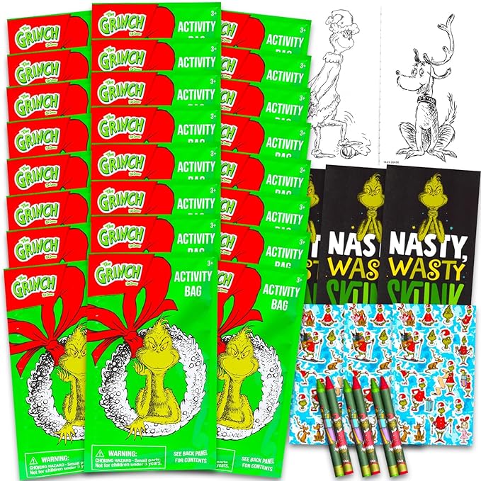 Dr. Seuss Grinch Birthday Party Favors Stocking Stuffers Set - Bundle with 24 Grinch Play Packs for Christmas Party Supplies | Mini Coloring Books, Stickers, and More for Goodie Bags