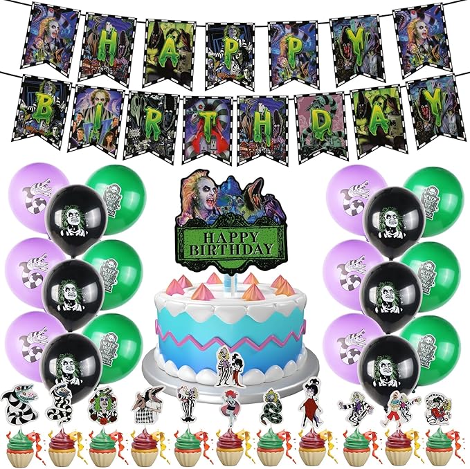Horror Birthday Party Decorations, Halloween Birthday Party Supplies Decorations Set Include Banner, Balloons, Cake Toppers and Cupcake Toppers for Home Classroom Decor