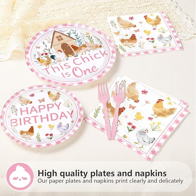 96Pcs Chicken 1st Birthday Party Supplies This Chick Is One Party Plates and Napkins Disposable Farm Animal Barnyard Little Chick Tableware Set for Kids Baby Shower One Year Old Birthday Decor