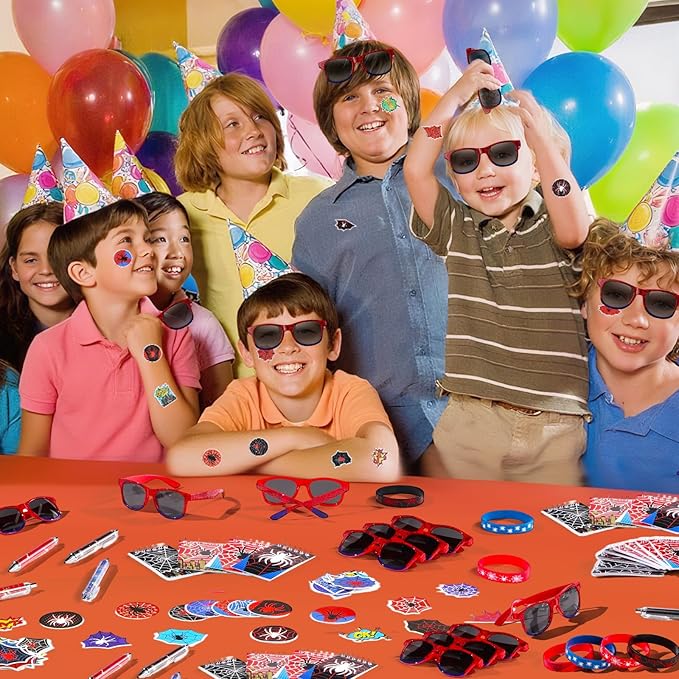 Vanblue 110Pcs Spider Party Favors Birthday Decorations Hero Theme Party Supplies,Spider Web Glasses,Gift Bags,Classroom Rewards Goodie Bag Stuffers,Piñata Fillers for Boys Movie Fans