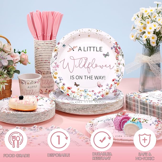 Dandat 350 Pcs Baby Shower Plates Set Baby Shower Party Supplies Serves 50 Tableware Sets Include Plates Napkin Cup Forks Knives Spoons Disposable Dinnerware(Wildflower,Pink)
