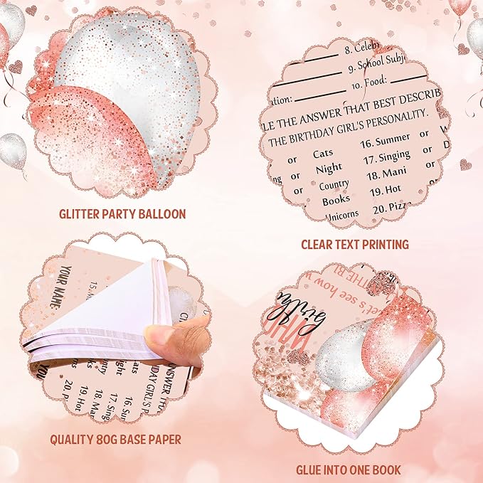 Leinuosen Who Knows The Birthday Girl Best Card 50 Pcs Birthday Party Game Set Girly Pink Rose Gold Sprinkles Themed Cards with 10 Pre Pointed Pencils for Teen Sweet Sleepover Party