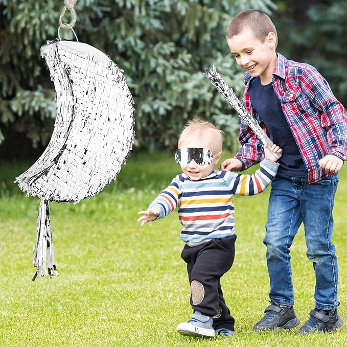 Silver Foil Moon Pinata with Stick and Blindfold Pull String Moon Pinata for Kids Birthday Party Decorations Baby Shower Gender Reveal Party Supplies
