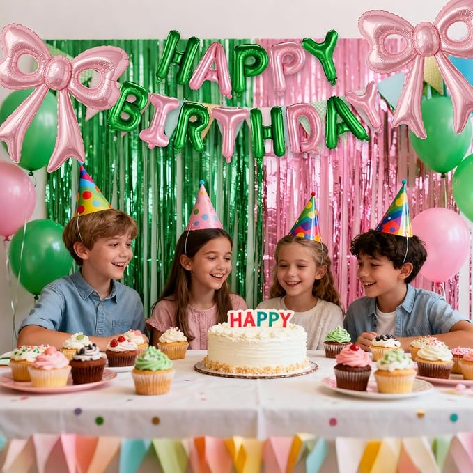 Pink and Green Happy Birthday Balloons, 31”Huge Pink Bow Aluminum Foil Balloons for Girl Woman Birthday Princess Bachelorette Witch Party Decorations Supplies
