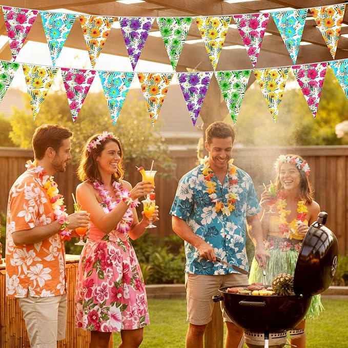 Jetec 5 Pack 49 Ft Hibiscus Flower Pennant Banner Hawaiian Luau Party Decorations for Tiki Bar Supplies Aloha Birthday Tropical Beach Theme Summer Outdoor Bunting Flags Hanging Garland Decor